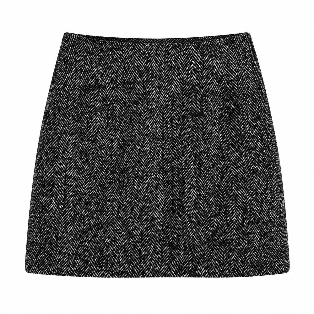 H&M Black White Herringbone Tweed Mini Skirt Size 6 Dark Academia Collegiate
